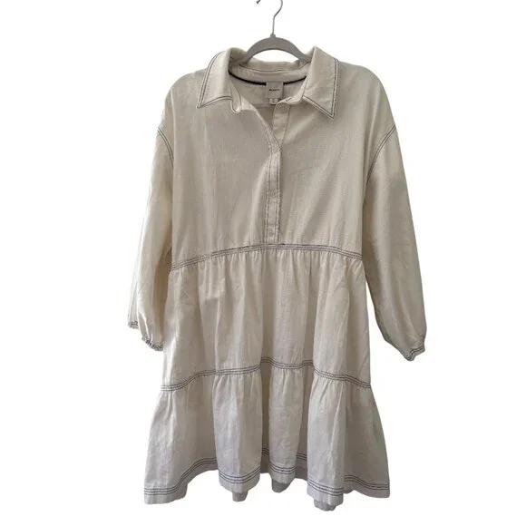 Maeve Bettina Tiered Shirt Dress Ivory XL Anthropologie Linen Blend Mini New Maeve Bettina Tiered Shirt Dress Ivory XL Anthropologie Linen Blend Mini New